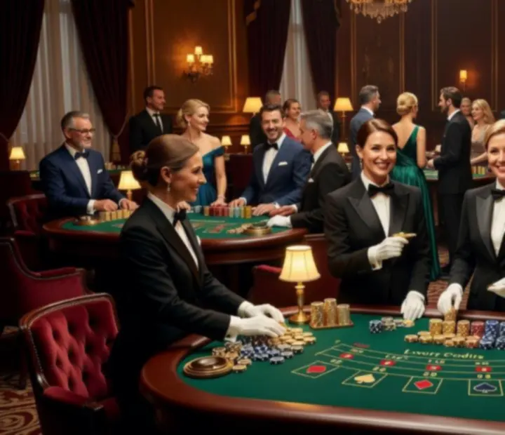 Stylowa aranżacja sali z profesjonalnymi stołami casino i eleganckim oświetleniem