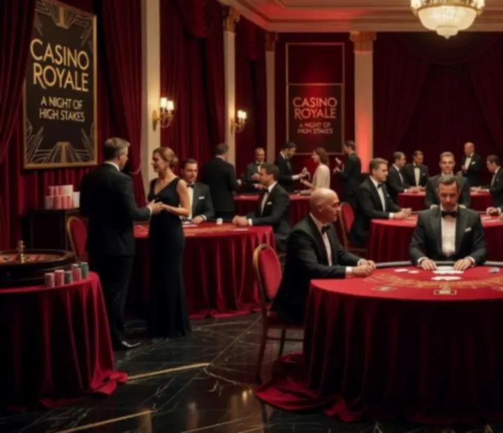 Elegancka aranżacja sali w stylu Casino Royale z luksusowymi stołami do gry i czerwonymi akcentami.
