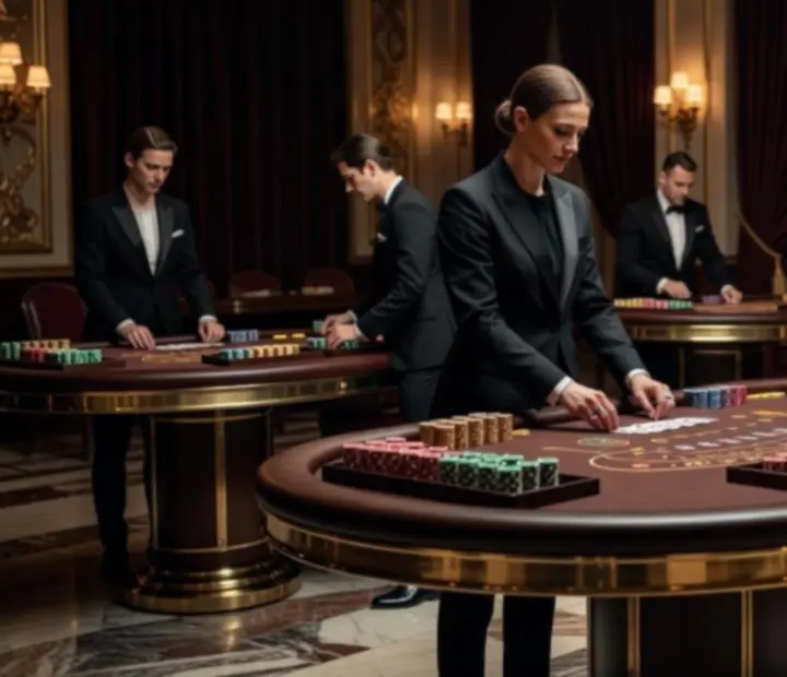 Profesjonalnie oświetlone stoły casino night podczas wieczoru firmowego