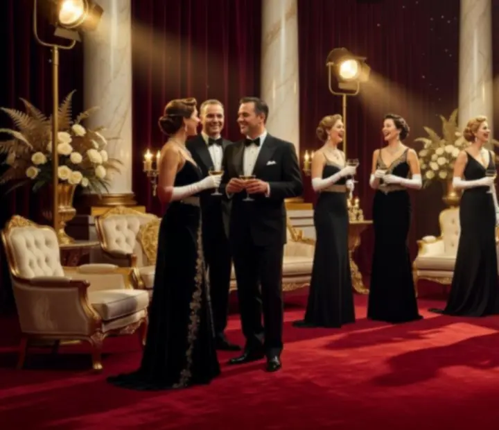 Scena w stylu Vintage Hollywood z czerwonym dywanem, reflektorami i złotymi dekoracjami.
